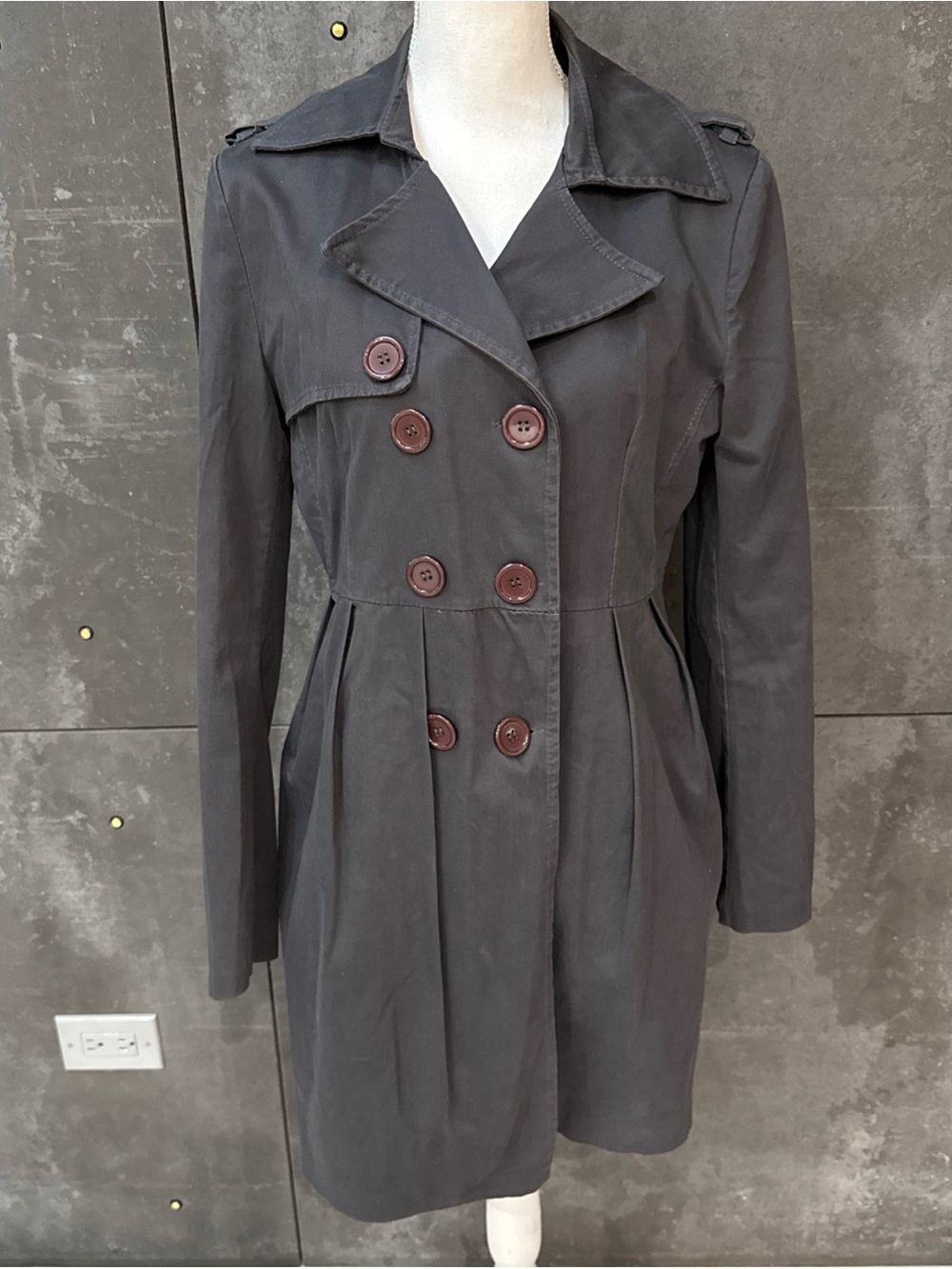NYLL Italia Women’s Trench Coat Size L Charcoal Gray Cotton Stretch Made Italy